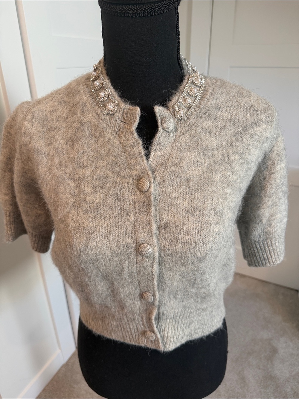 Zara Embellished Short-Sleeve Crewneck Cardigan - Light Gray